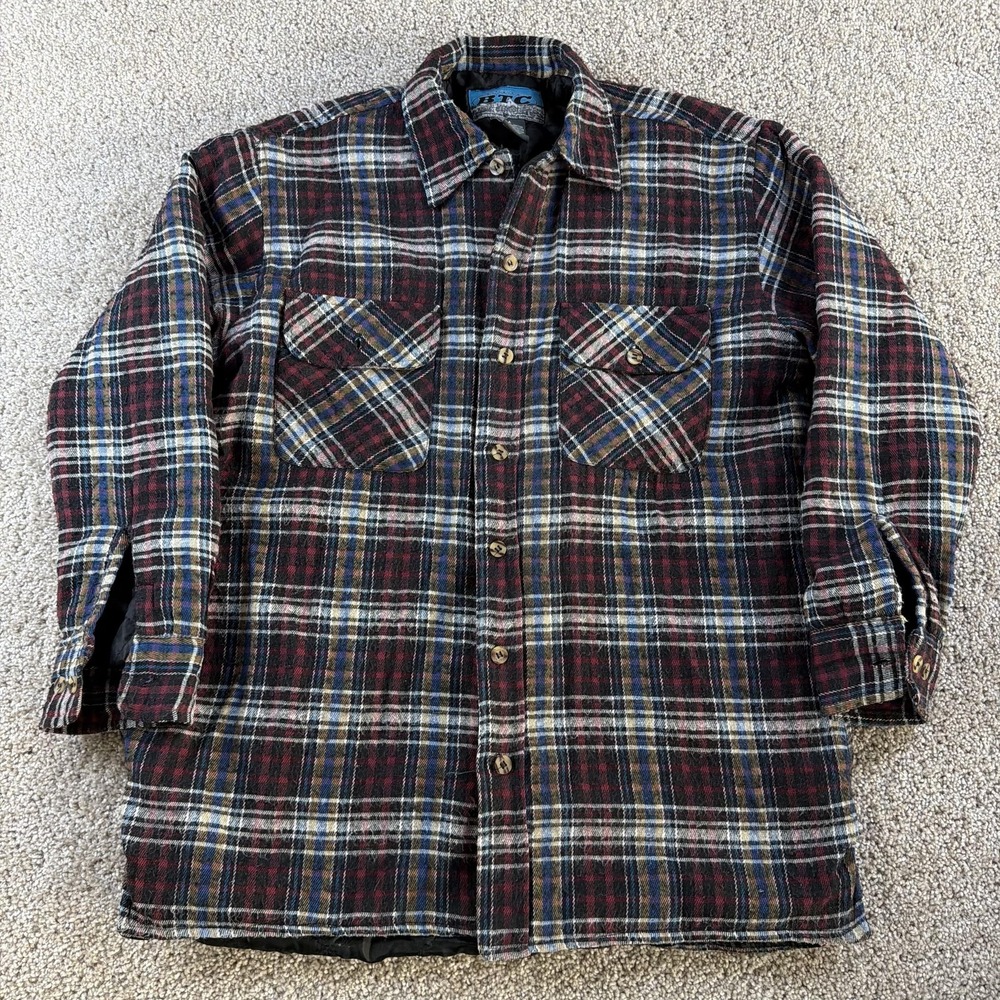 Vintage BTC Jacket Men Med Multicolor Plaid Flannel Quilted Lined Button Outdoor